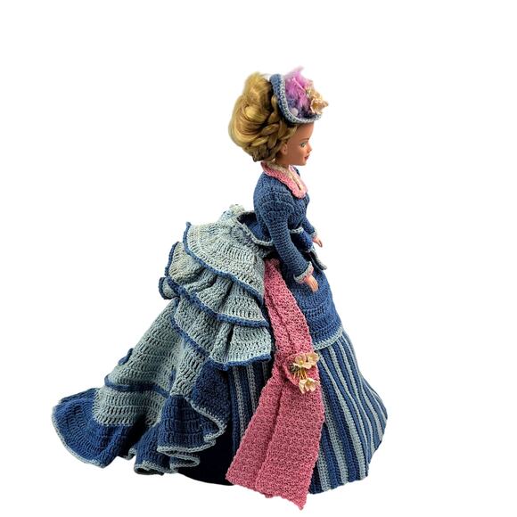 Vintage Handmade Victorian GWTW Style Formal Dress Gown Blue Pink Barbie Crochet - Picture 4 of 9